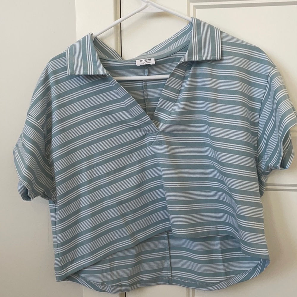 blue and white striped crop top